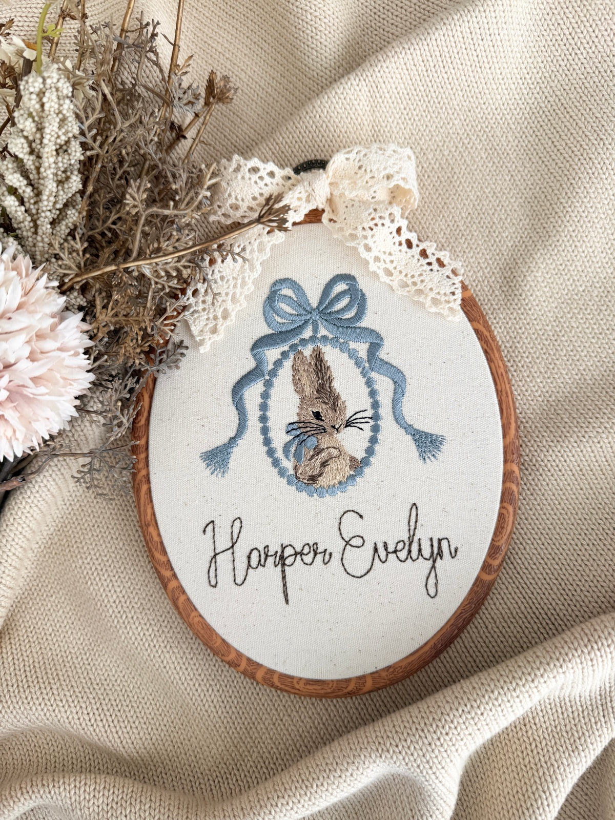 Personalised Rabbit Embroidered Name Hoop | Baby Gift