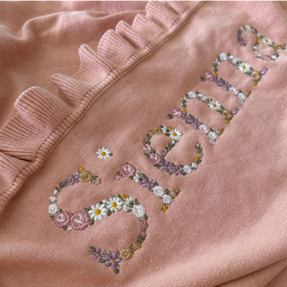 Floral embroidered ruffle blanket- Large font